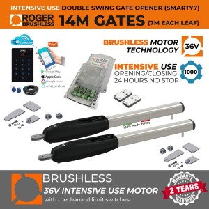 14M Double Swing Gate Opener, Super Intensive Use Brushless 36V Gate Opener Kit| Super Duty 100% Italian Made by Roger Technology SMARTY7 for Gate Automation System. 100% Duty Cycle Brushless Engine With Mechanical Stopper in Opening and Closing Limits, Remote Controls, APC MONDO Wi-Fi Keypad Smart APP Access Control.