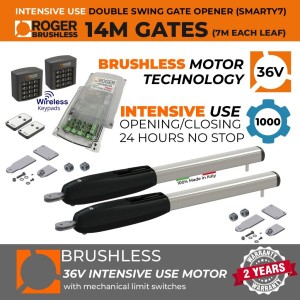 14M Double Swing Gate Opener, Super Intensive Use Brushless 36V Gate Opener Kit| Super Duty 100% Italian Made by Roger Technology SMARTY7 for Gate Automation System. 100% Duty Cycle Brushless Engine With Mechanical Stopper in Opening and Closing Limits, Remote Controls, Two Wireless Keypads, Super Secure Access Controls