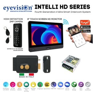 Eyevision® Intelli HD Series Smart WiFi Intercom and Pedestrian Gate Electric Lock Access Control Bundle | 120° 2MP HD Intercom Camera Keypad (Swipe Tag Reader) Outdoor Station with 8" HD Monitor With Built-In WiFi For Smartphone APP | Includes Power Adapters, Swipe Tags, Fixing  Brackets | Easy 4 Wired Installation (Free Smartphone APP) | Fourth Generation 4 Wire Intercom and Italian Made Electric Gate Lock Viro V97 With Push Button - Galvanized and Anthracite Metallic Painted Steel
