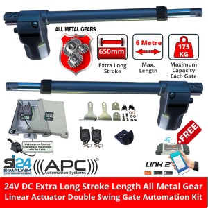 Double Swing Gate Opener APC-T825L with Universal Control Board SI24. 24V DC Extra Long Stroke Length All Metal Gear Linear Actuator Electric Swing Gate Automation with Remote Controls and Free Link 2 WiFi Switch - DUAL Relay WiFi Remote Switch, Smart Access Control via IOS and Android Mobile APP