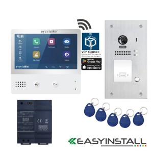 Eyevision® EasyInstall Two-Wire Smart WiFi Video Intercom System with 7 Inch Touch Screen WIFI Monitor with 2MP/170 Degree Super Wide Angle Flush Mount Stainless Steel Outdoor Video Camera Doorbell Station, RFID Swipe Tag Access, WiFi Connection, Smart Phone APP, Simple Line by Line GUI, Easy Installation