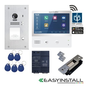 Eyevision® EasyInstall Two-Wire Smart WiFi Video Intercom with Electric Striker System. 7 Inch Touch Screen WIFI Monitor, 2MP/170 Degree Super Wide Angle Flush Mount Stainless Steel Outdoor Video Camera Doorbell Station, and Stainless Steel Electric Gate and Door Striker with RFID Swipe Tag Access, WiFi Connection, Smart Phone APP, Simple Line by Line GUI, Easy Installation