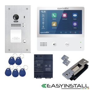 Eyevision® EasyInstall Two-Wire Doorbell Video Intercom with Electric Striker System. 7 Inch Touch Screen Intercom Monitor and Surface Mount Video Door Station 105° Wide Angle Outdoor Video Camera Doorbell, Stainless Steel Electric Gate and Door Striker