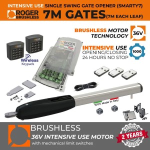 7M / 1400KG Super Intensive Use Brushless 36V Single Swing Gate Opener Kit|100% Italian Made by Roger Technology SMARTY7 for Gate Automation System. 100% Duty Cycle Brushless Engine With Mechanical Stopper in Opening and Closing Limits, Remote Controls, Two Wireless Keypads. APC Single Swing Gate Automation, Super Secure Access Controls System.