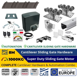 8M Complete Cantilever Gate Hardware and Super Duty Sliding Gate Automation Combo Package. Hot Dip Galvanised German Steel Cantilever Sliding Gate Hardware (Made in Europe by CAIS) and 1000KG Super Duty Italian Made Sliding Gate Automation