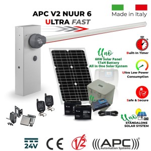 Solar Boom Gate Operator Trade Kit | Boom Gate Barrier, Car Parking Access Control Italian Made APC V2 NUUR 6, Universal Boom Gate Ultra High-Speed 24V DC, 6 Meter Barrier Made in Italy, 60W Solar Panel, 17ah Dual Battery, Uno All in One Standalone Solar Off Grid System, Safety Sensor and Two Key Chain Remotes