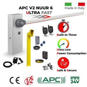 Boom Gate Ultimate Secure Access Kit. Italian-Made Boom Gate Barrier Car Parking Access Control System APC V2 NUUR 6. Universal Boom Gate Ultra High-Speed 24V Boom Gate Operator, 6 Meter Boom Barrier Arm, External 24V Transformer with 20m Low Voltage Cable, Two Remote Controls, Safety Sensor, Keypad with EM Tag Reader, Loop Detector, Gooseneck Pedestal