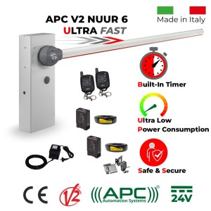 Boom Gate Ultimate Access Kit. Italian-Made Boom Gate Barrier Car Parking Access Control System APC V2 NUUR 6. Universal Boom Gate Ultra High-Speed 24V Boom Gate Operator, 6 Meter Boom Barrier Arm, External 24V Transformer with 20m Low Voltage Cable, Two Remote Controls, Safety Sensor and Entry and Exit Loop Detectors