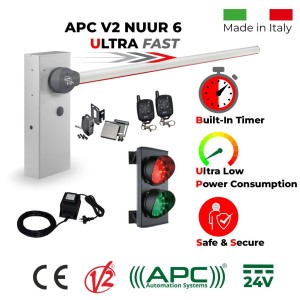 Boom Gate Operator with Traffic Lights Secure Access Control Kit | Italian-Made Boom Gate Barrier Car Parking Access Control System APC V2 NUUR 6. Universal Boom Gate Ultra High-Speed 24V Boom Gate Operator, 6 Meter Boom Barrier Arm, External 24V Transformer with 20m Low Voltage Cable, Two Remote Controls, Safety Sensor and Double (Red/Green) Traffic Signal LED Lights (Made in Italy by Stagnoli)