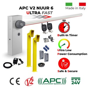 Boom Gate Operator Secure Access Control Kit | Italian-Made Boom Gate Barrier Car Parking Access Control System APC V2 NUUR 6. Universal Boom Gate Ultra High-Speed 24V Boom Gate Operator, 6 Meter Boom Barrier Arm, External 24V Transformer with 20m Low Voltage Cable, Two Remote Controls, Safety Sensor, Gooseneck Pedestals, Keypads with EM Card Reader