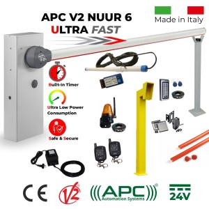 Boom Gate Operator Comfort Secure Access Control Kit | Italian-Made Boom Gate Barrier Car Parking Access Control System APC V2 NUUR 6. Universal Boom Gate Ultra High-Speed 24V Boom Gate Operator, 6 Meter Boom Barrier Arm, External 24V Transformer with 20m Low Voltage Cable, Two Remote Controls, Gooseneck Pedestals, Keypads with EM Card Reader, Safety Sensor, Gate Safety Light and Antenna, 6m Red Protective Rubber, Vehicle Motion Detector