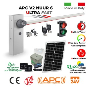 Solar Powered Boom Gate Operator with Traffic Lights Secure Access Control Kit | Italian-Made Boom Gate Barrier Car Parking Access Control System APC V2 NUUR 6. Universal Boom Gate Ultra High-Speed 24V Boom Gate Operator, 6 Meter Boom Barrier Arm, 60W Solar Panel, 17ah Dual Battery, Uno All in One Standalone Solar Off Grid System, Safety Sensor, Two Remotes and Double (Red/Green) Traffic Signal LED Lights (Made in Italy by Stagnoli)