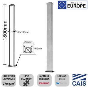 100x100x1800mm  Post With Bolt Down Base Plate incl Post Cap | 3mm Thick German Steel, Hot Dipped Galvanized Steel Gate Post | Made In Europe by CAIS (TOWER 1.8)