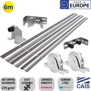Up to 6m Complete Commercial Sliding Gate Hardware Kit | Heavy Duty Sliding Gate Hardware Pack Hot Dipped Galvanized German Steel Sliding Gate Ground Track Guide, Double Bearing Sliding Gates Wheels, Adjustable End Stop Bracket Set, Upper Rollers, Bolt Down Gate Stop | Made in Europe by CAIS