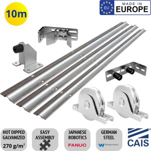 Up to 10m Complete Commercial Sliding Gate Hardware Kit | Heavy Duty Sliding Gate Hardware Pack with 20M Hot Dipped Galvanized German Steel Sliding Gate Ground Track Guide, Double Bearing Sliding Gates Wheels, Adjustable End Stop Bracket Set, Upper Rollers, Bolt Down Gate Stop | Made in Europe by CAIS