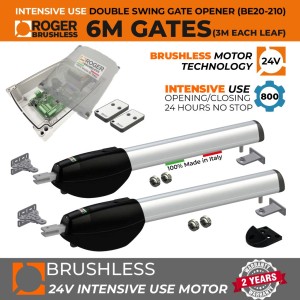 24V Brushless Gate Automation Kit for Double Swing Gates  |100% Italian Made by Roger Technology BE/200 Series for Automatic Swing Gate Opener System. Super Intensive Use Brushless Motor with Mechanical Stoppers Gate Opening and Closing | Max. 6m Opening (3M or 300KG Each Leaf) | 100% Duty Cycle