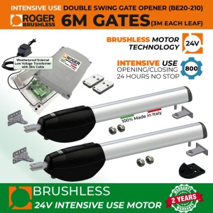 24V Brushless Gate Automation Kit with Weatherproof External 24V Transformer and 20m Low Voltage Cable for Double Swing Gates | 100% Italian Made by Roger Technology BE/200 Series for Automatic Swing Gate Opener System. Super Intensive Use Brushless Motor with Mechanical Stoppers Gate Opening and Closing | Max. 6m Opening (3M or 300KG Each Leaf) | 100% Duty Cycle