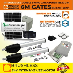 24V Solar Powered Brushless Gate Automation Kit for Double Swing Gates with APC UNO Standalone Complete Solar Power System | 100% Italian Made by Roger Technology BE/200 Series for Automatic Swing Gate Opener System. Super Intensive Use Brushless Motor with Mechanical Stoppers Gate Opening and Closing | Max. 6m Opening (3M or 300KG Each Leaf) | 100% Duty Cycle