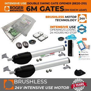 24V Brushless Gate Automation WiFi Smart App Control Kit for Double Swing Gates |100% Italian Made by Roger Technology BE/200 Series for Automatic Swing Gate Opener System with APC Mondo+ Secure WI-FI Keypad. Super Intensive Use Brushless Motor with Mechanical Stoppers Gate Opening and Closing | Max. 6m Opening (3M or 300KG Each Leaf) | 100% Duty Cycle