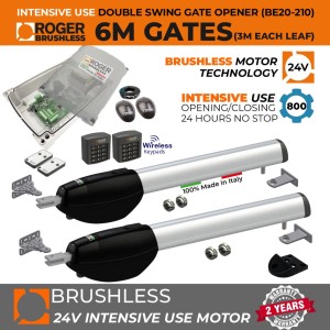 24V Brushless Gate Automation Secure Access Control Kit for Double Swing Gates |100% Italian Made by Roger Technology BE/200 Series for Automatic Swing Gate Opener System with Secure Dual Entry and Exit Wireless Keypads. Super Intensive Use Brushless Motor with Mechanical Stoppers Gate Opening and Closing | Max. 6m Opening (3M or 300KG Each Leaf) | 100% Duty Cycle