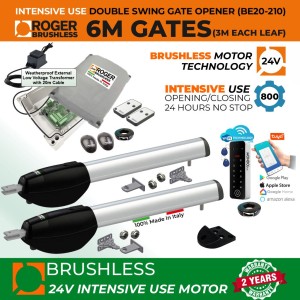 Brushless Gate Automation WiFi Smart App Control 24V Low Voltage Kit with APC Mondo+ Secure WI-FI Keypad, External Transformer and 20m Cable for Double Swing Gates |100% Italian Made by Roger Technology BE/200 Series for Automatic Swing Gate Opener System. Super Intensive Use Brushless Motor with Mechanical Stoppers Gate Opening and Closing | Max. 6m Opening (3M or 300KG Each Leaf) | 100% Duty Cycle