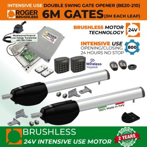 Brushless Gate Automation Secure Access Control 24V Low Voltage Kit with Dual Entry and Exit Wireless Keypads,  External Transformer and 20m Cable for Double Swing Gates | 100% Italian Made by Roger Technology BE/200 Series for Automatic Swing Gate Opener System. Super Intensive Use Brushless Motor with Mechanical Stoppers Gate Opening and Closing | Max. 6m Opening (3M or 300KG Each Leaf) | 100% Duty Cycle