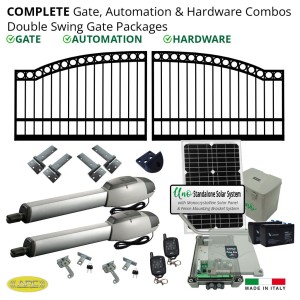 Solar Powered 3m Arched Gates (2x 1.5m), Gate Automation & Hardware Combos with Extra Heavy Duty Gate Opener. Complete Solar Double Swing Gate Packages