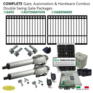 Complete Gate, Solar Powered Gate Automation & Hardware Combos with Italian Made Gate Opener. Solar Double Swing Gate Packages