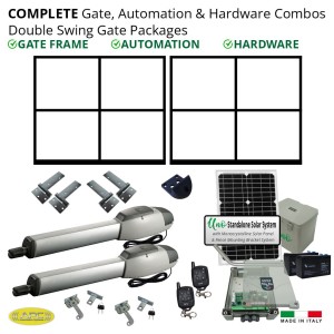Solar Powered 4m Gate Frames (2 x 2m), Gate Automation & Hardware Combos with Extra Heavy Duty Gate Opener. Complete Solar Double Swing Gate Packages