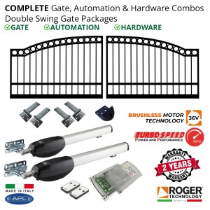3m Arched Gates (2x 1.5m), Gate Automation & Hardware Combos with 36V Brushless Turbo-Speed Gate Opener System, 100% Italian Made by Roger Technology. Complete Double Swing Electric Gate Packages