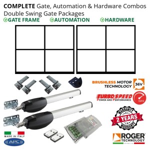 3m Gate Frames (2x 1.5m), Gate Automation & Hardware Combos with 36V Brushless Turbo-Speed Gate Opener System, 100% Italian Made by Roger Technology. Complete Double Swing Electric Gate Packages