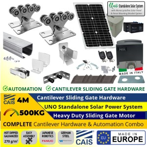 4M Complete Cantilever Gate Hardware and Automation Package. Hot Dip Galvanised German Steel Cantilever Sliding Gate Hardware (Made in Europe by CAIS) and Heavy Duty 500kg Sliding Gate Opener Standalone Solar OFF Grid Power System (Made in Italy)