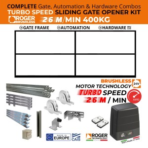 5m Complete Sliding Gate, Hardware and Automation Combo With 5m Steel Gate Frame (Four Weeks Lead Time After Order), Turbo Speed(44CM/S), 400KG, 100% Duty Cycle Roger Technology Brushless Sliding Gate Opener and European-Made CAIS Sliding Gate Hardware