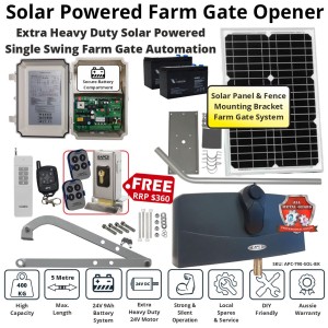 Solar Farm Gate Opener Kit With FREE Electric Lock. Extra Heavy Duty Articulated Arm System With Adjustable Limits, Solar Powered Remote Control Automatic Electric Farm Gate