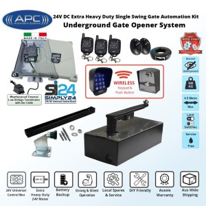Discreet Underground Automatic Gate Wireless Controller Kit with Italian-Made Simply 24 Universal Control Box, APC-UG1400C Extra Heavy Duty All Metal Gears Underground Gate Motor, Adjustable Limit Switches, Safety Sensor, Wireless Keypad and Push Button Switch, Remote Controls, Single Swing Gate Automation