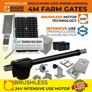 Brushless Farm Gate Opener Kit with 24V Solar Powered Brushless 100% Italian Made by Roger Technology MONOS4 for Swing Gate Automation and APC UNO Standalone Complete Solar Power System | Super Intensive Use, 100% Duty Cycle, Brushless Electric Gate Motor with Telescopic Arm | Max. 4.2m/450kg Opening Driveway Gate Leaf