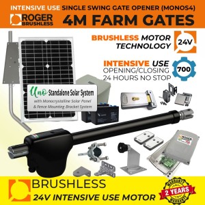 Brushless Farm Gate Opener Secure Kit with Electric Gate Lock, Retro Reflective Safety Sensor, Automatic Gate Remote Controls, 24V Solar Powered Brushless 100% Italian Made by Roger Technology MONOS4 for Swing Gate Automation and APC UNO Standalone Complete Solar Power System | Super Intensive Use, 100% Duty Cycle, Brushless Electric Gate Motor with Telescopic Arm | Max. 4.2m/450kg Opening Driveway Gate Leaf