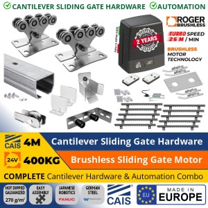 4M Complete Cantilever Gate Hardware and TURBO SPEED Automation Package. Hot Dip Galvanised German Steel Cantilever Sliding Gate Hardware (Made in Europe by CAIS) and 400KG Turbo Speed Brushless Sliding Gate Automation (Made in Italy by Roger Technology)