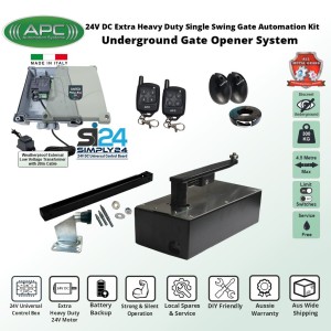 DIY Gate Opener Trade Kit Discreet Underground Automatic Gate System with Italian-Made Simply 24 Universal Control Box, 24V External Transformer and 20m Low Voltage Cable, APC-UG1400C Extra Heavy Duty All Metal Gears Underground Gate Motor, Adjustable Limit Switches, Safety Sensor, Remote Controls, Single Swing Gate Automation