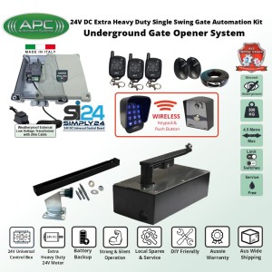 Discreet Underground Automatic Gate Wireless Controller Kit with Italian-Made Simply 24 Universal Control Box, 24V External Transformer and 20m Low Voltage Cable, APC-UG1400C Extra Heavy Duty All Metal Gears Underground Gate Motor, Adjustable Limit Switches, Safety Sensor, Wireless Keypad and Push Button Switch, Remote Controls, Single Swing Gate Automation
