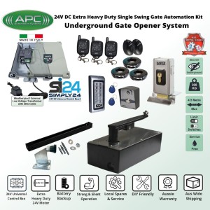 DIY Gate Opener Super Secure Kit Discreet Underground Automatic Gate System with Italian-Made Simply 24 Universal Control Box, 24V External Transformer and 20m Low Voltage Cable, APC-UG1400C Extra Heavy Duty All Metal Gears Underground Gate Motor, Adjustable Limit Switches, Safety Sensor, Electric Gate Lock, Keypad with EM card Reader, Push Button Switch, Remote Controls, Single Swing Gate Automation