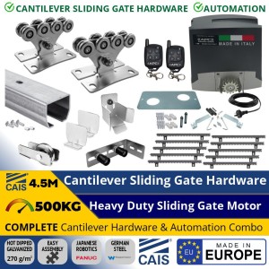 4.5M Complete Cantilever Gate Hardware and Automation Package. Hot Dip Galvanised German Steel Cantilever Sliding Gate Hardware (Made in Europe by CAIS) and Heavy Duty 500kg Sliding Gate Opener (Made in Italy)