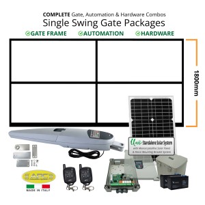 5m Solar Powered Complete Automatic Single Swing Gate Combo with Gate Frame (1.8m Height), Italian Made Super Duty STARK 6 Single Swing Gate Automation System with Logico 24 Control Unit, Standalone Solar Power System with Solar Panel and Batteries  Remote Control Secure Access Driveway Single Swing Solar Gate Automation Package