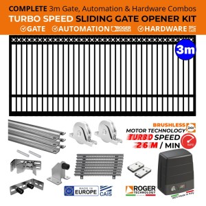 COMPLETE 3m Ring Top Gate, ULTRA High Speed 100% Duty Cycle 400kg Roger Technology Brushless Gate Opener and European Made CAIS Sliding Gate Hardware Combo