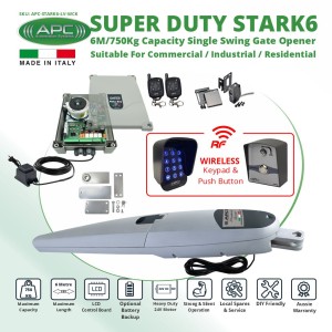 Italian-Made Super Duty STARK6 Single Swing Gate Automation Wireless Controller Kit. 6M/750Kg Capacity Gate Opener Suitable For Commercial, Industrial, Residential Use