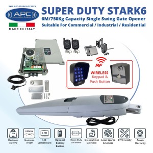 Super Duty STARK6 Italian Made Gate Automation Wireless Controller Kit. 6M/750Kg Capacity Single Swing Gate Opener Suitable For Commercial, Industrial, and Residential Use