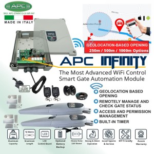 The Most Advanced Smart Gate Automation Kit with Super Duty Italian Made STARK12 Double Gate Electric Motor and Smart Gate Opener Control Wi-Fi Module APC Infinity.
