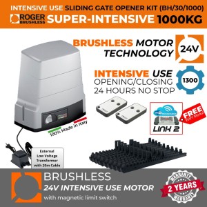 1000 KG High Torque Brushless Sliding Electric Gate Opener Kit |100% Italian Made by Roger Technology BH30 Sliding/Roller Gate Automation System. 100% Duty Cycle, High Torque Brushless Super Intensive Use, 1 Ton Capacity Rolling Engine With Magnetic Limits and Weatherproof External 24V Transformer with 20m Low Voltage Cable