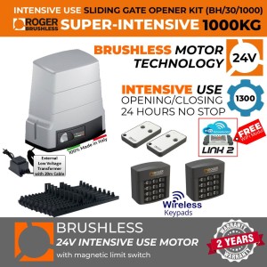 1000 KG High Torque Brushless Sliding Gate Opener Super Secure Kit 24V (LV) |100% Italian Made by Roger Technology BH30 Sliding/Roller Gate Automation Low Voltage System. 100% Duty Cycle, High Torque Brushless Super Intensive Use, 1 Ton Capacity Rolling Engine With Magnetic Limits, Remote Controls, Two Wireless Keypad Secure Access Control and Weatherproof External 24V Power Transformer with 20m Cable