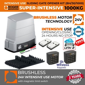 1000 KG High Torque Brushless Sliding Gate Opener Super Secure Kit |100% Italian Made by Roger Technology Super Intensive Use BH30 Sliding/Roller Gate Automation System. 100% Duty Cycle, 1 Ton Capacity Rolling/Sliding Gate Brushless Motor With Magnetic Limits, Remote Controls and Two Wireless Keypad Secure Access Control